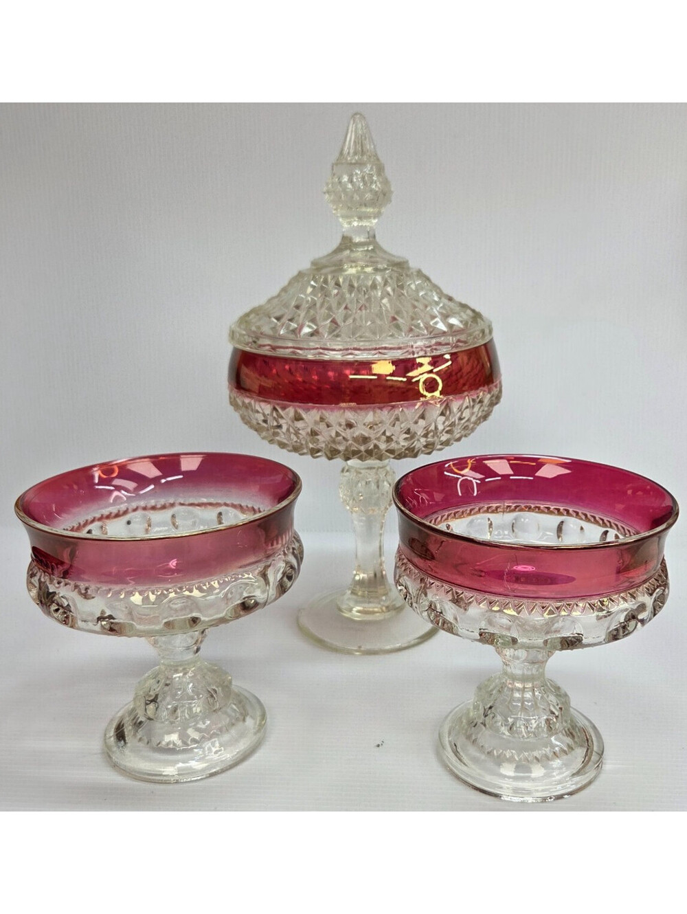 Vintage Cranberry Flash Glass Pedestal Compote Bowls & Covered Candy Dish Set 3